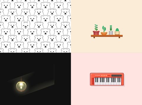 Examples of Lynn Fisher's single-div projects:
repeated polar bears,
plants on a shelf, a blinking light,
and a tiny electronic piano.