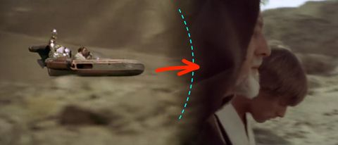 A scene wipe transition in Star Wars,
as Luke and C-3PO in a speeder
wipe across a close-up
of Luke and Obi-Wan talking.
Over top, a dotted line shows the transition edge,
and a red arrow shows the transition movement
in front of the speeder.