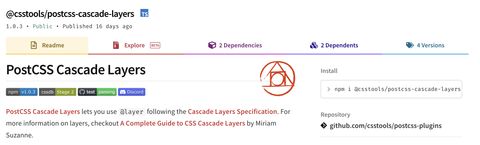 An image of the PostCSS Cascade Layers Plugin NPM package README
including the version number, installation command, and a description of the
package.