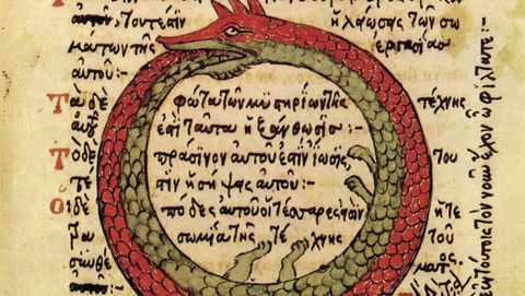 Fragment from a 13th century alchemical manuscript with a red and green oroboros serpent biting it's own tail, and seeming to give us side-eye