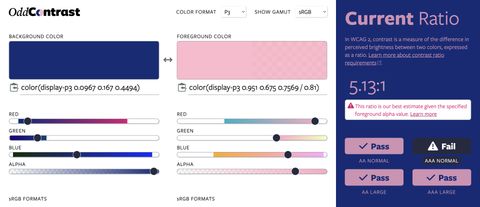 OddContrast displays sRGB gamut range in P3 color format and an estimate of foreground alpha value ratio.
