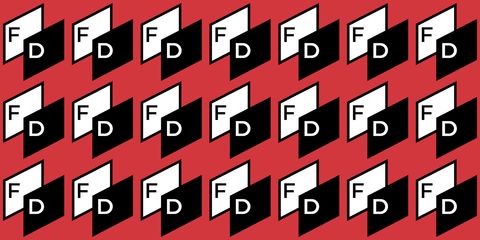 FD logo repeated on a red background