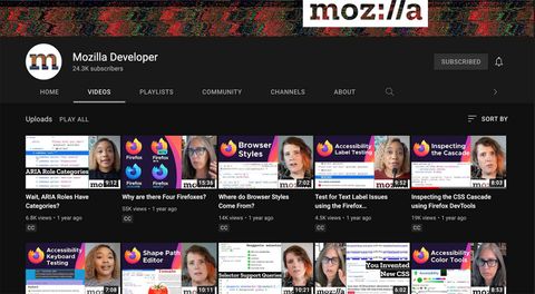 Mozilla Developer YouTube channel with 24.3K subscribers
and a grid of videos