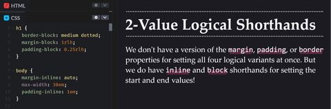 Screenshot of demo showing inline and block shorthand values for setting start and end values of margin, padding, and border properties.
