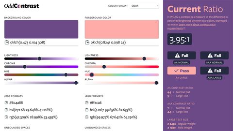 showing a purple background color and a peach foreground color
with a 3.95:1 contrast ratio failing for AA Normal, AAA Normal,
and AAA Large font sizes, but passing for AA Large font size