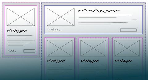 Wireframe of card elements
in different sized containers --
some laid out vertically in small spaces,
others horizontal when there's room.