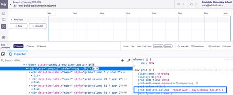 an empty resource planning grid showing the start and end times